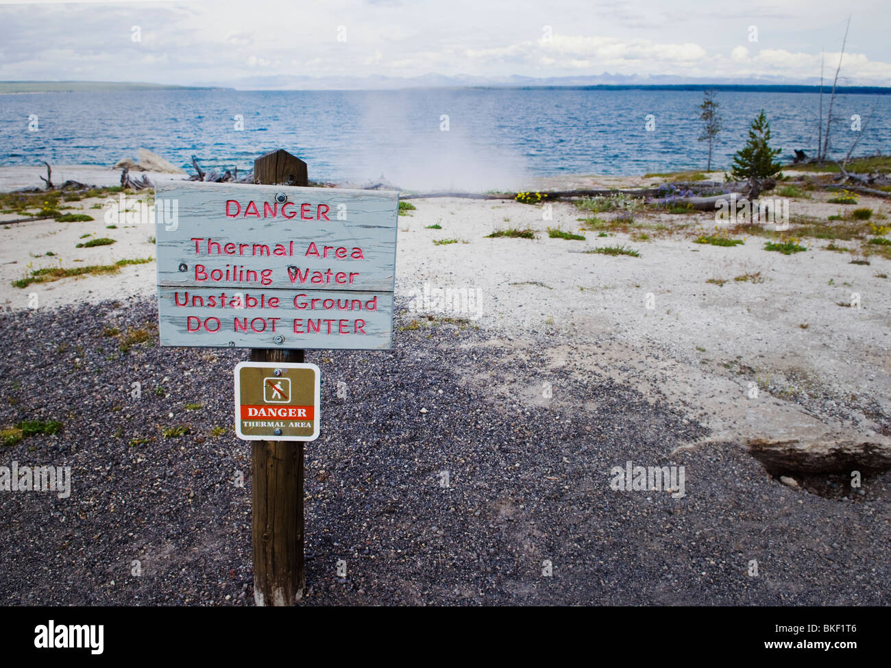 Yellowstone National Park, Wyoming, Thermal area danger sign with a