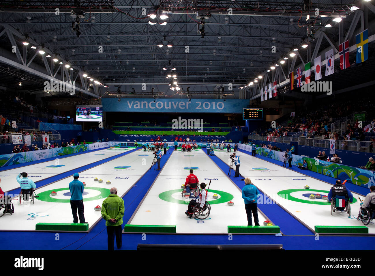 A round robin session of Wheelchair curling during the Vancouver 2010 winter paralymics in Vancouver paralympic centre Stock Photo