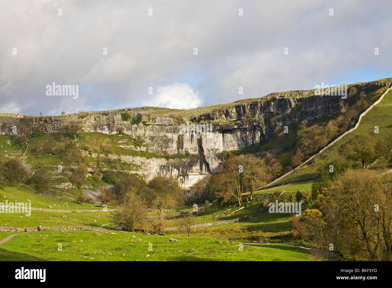 White cliffs of Malham cove, Yorkshire, with rolling countryside in foreground Stock Photo
