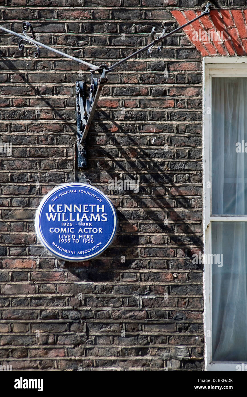 Memorial plaque to Kenneth Williams. Marchmont Street, Bloomsbury, Camden, London, England, UK Stock Photo
