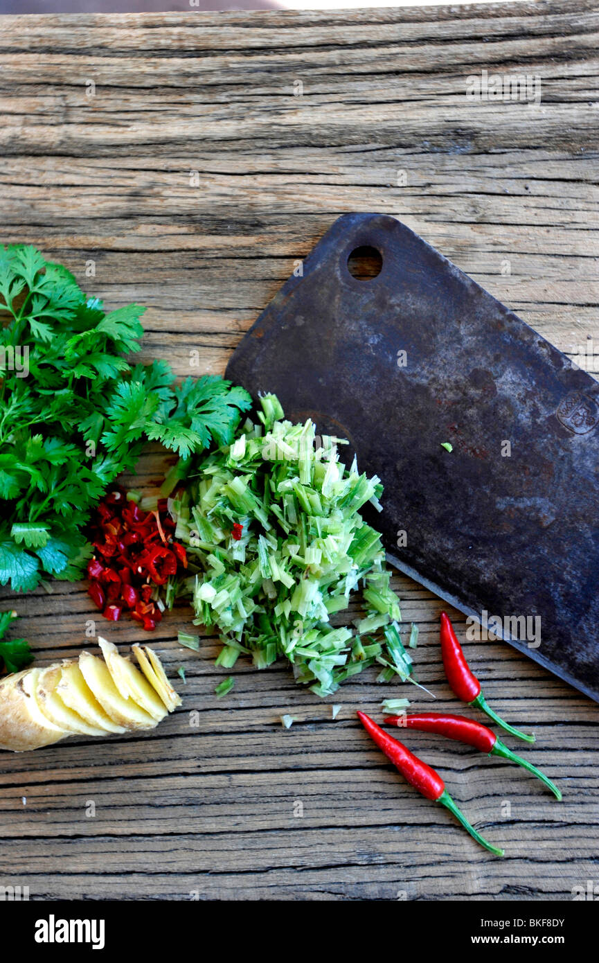 Chillies, coriander, ginger and lemongrass all the ingredients for good Thai cooking. Stock Photo