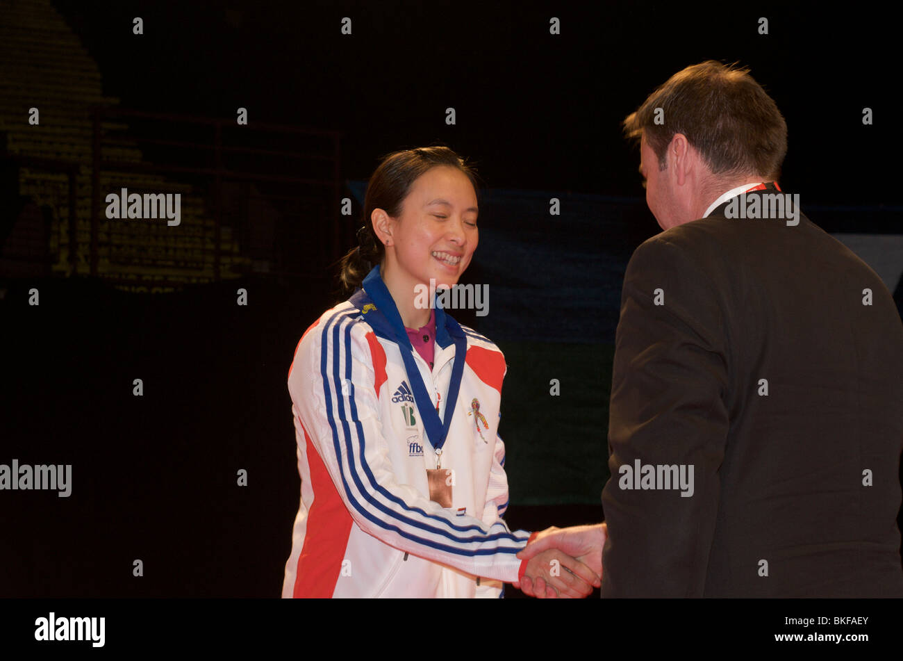 pi hongyan of france wins a bronze medal in the women's singles at the european badminton championships  in manchester  2010 Stock Photo