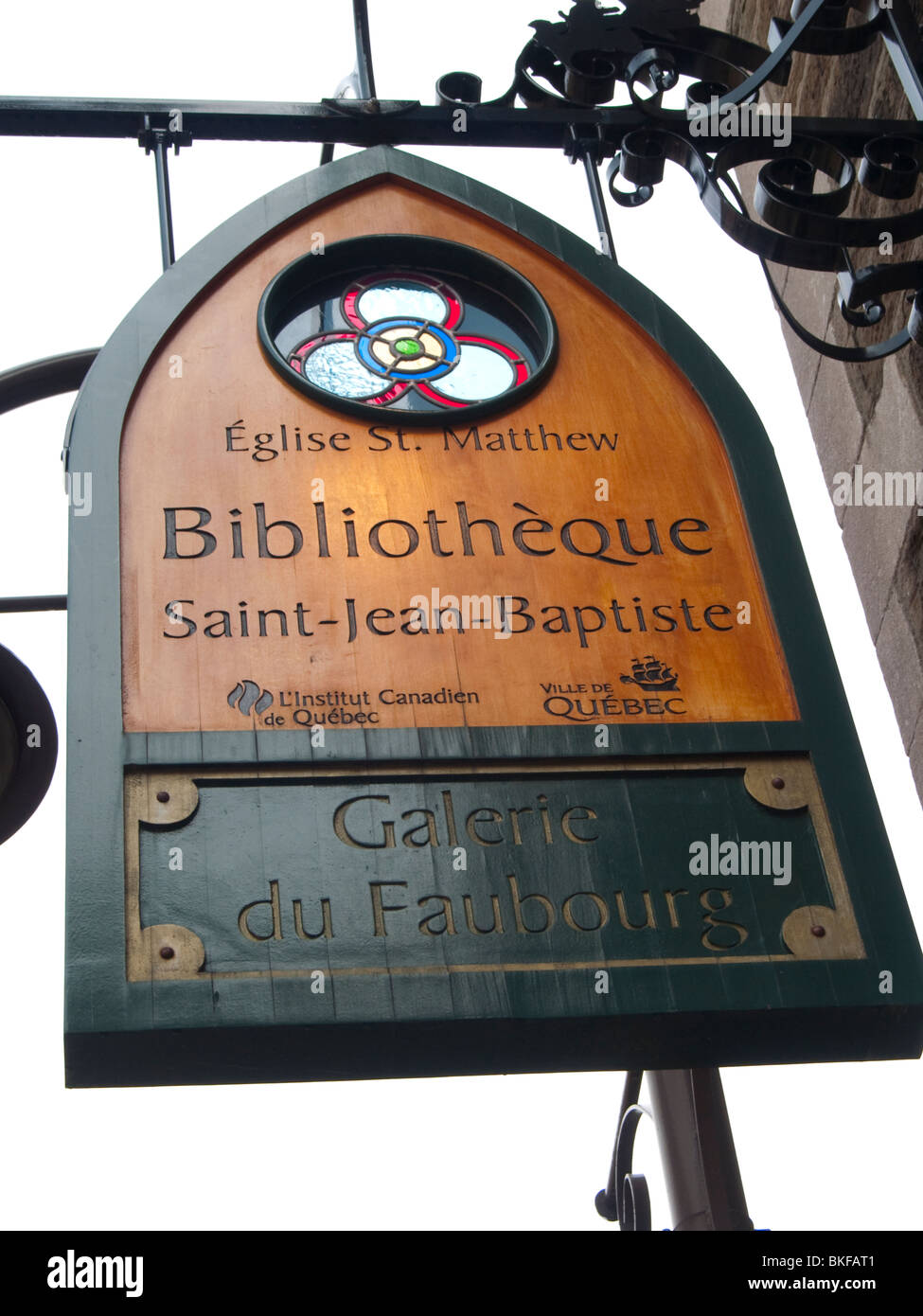 A sign for the Bibliotheque Saint Jean Baptiste, formerly St Matthews  Church on Rue Saint Jean in Quebec City, Canada Stock Photo - Alamy