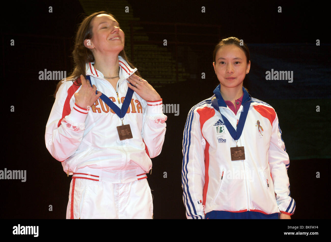 ella diehl  and pi hongyan win bronze medalsin the women's singles at the european badminton championships manchester  2010 Stock Photo