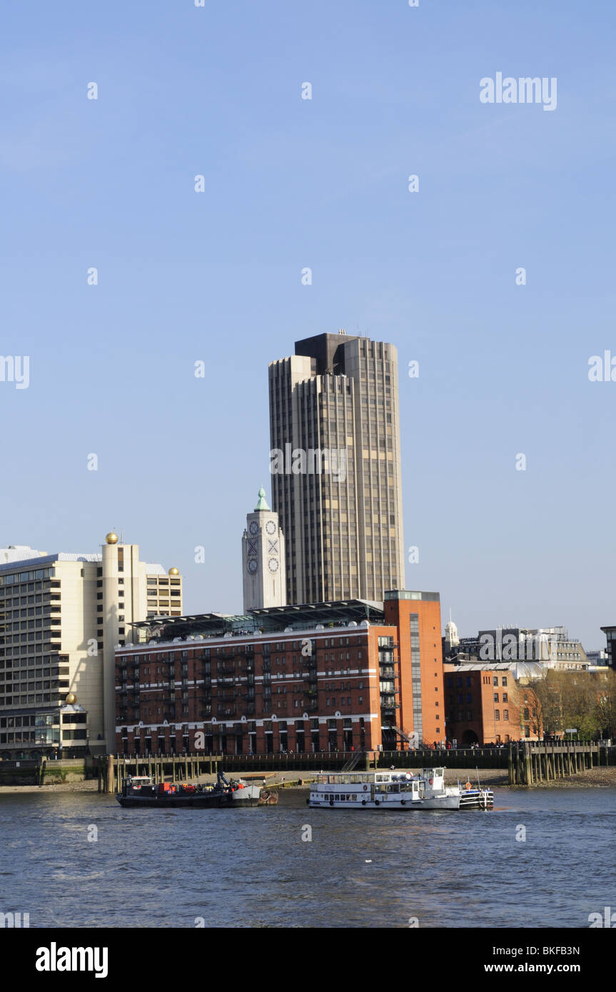 View across the Thames towards the OXO and International Publishing Corporation towers on the South Bank, London, England, UK Stock Photo