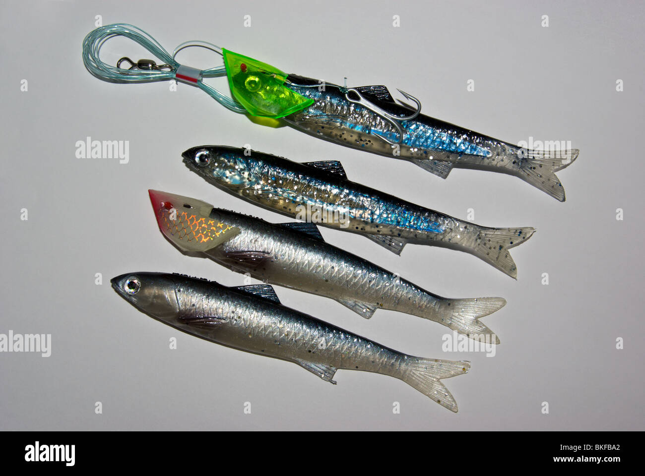 Baitrix soft plastic bodied imitation anchovy lures Rhys Davis Anchovy special teaser heads for salmon and bottom fishing Stock Photo