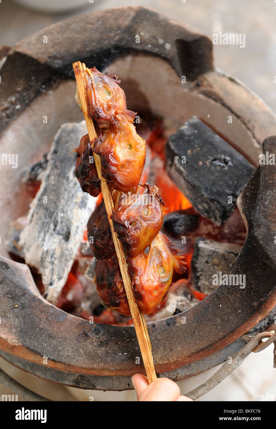 bbq chicken heads on skewers , a deicacy of south east thailand