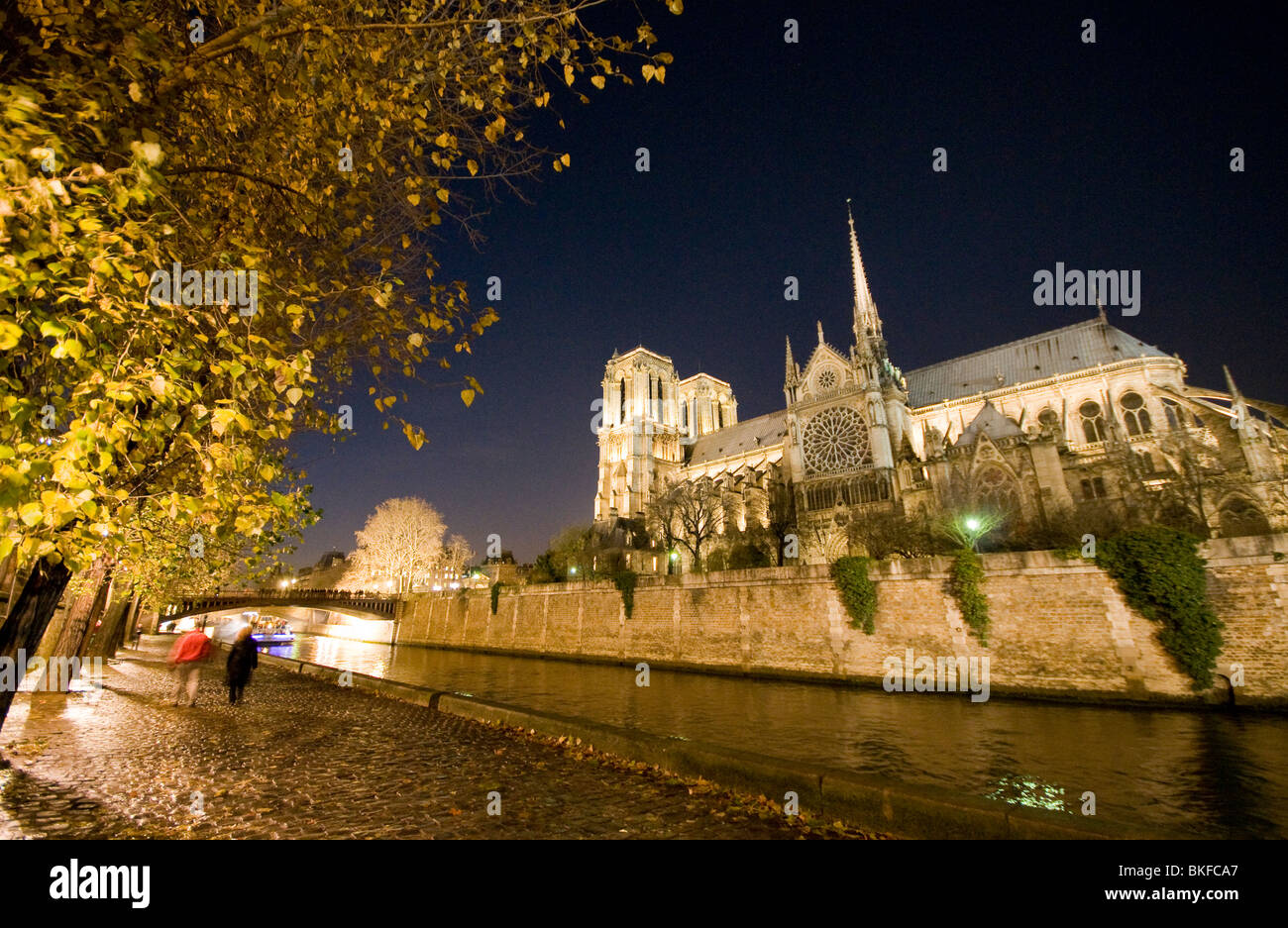 People walking by the river Seine next to Notre Dame cathedral in Paris at night Stock Photo