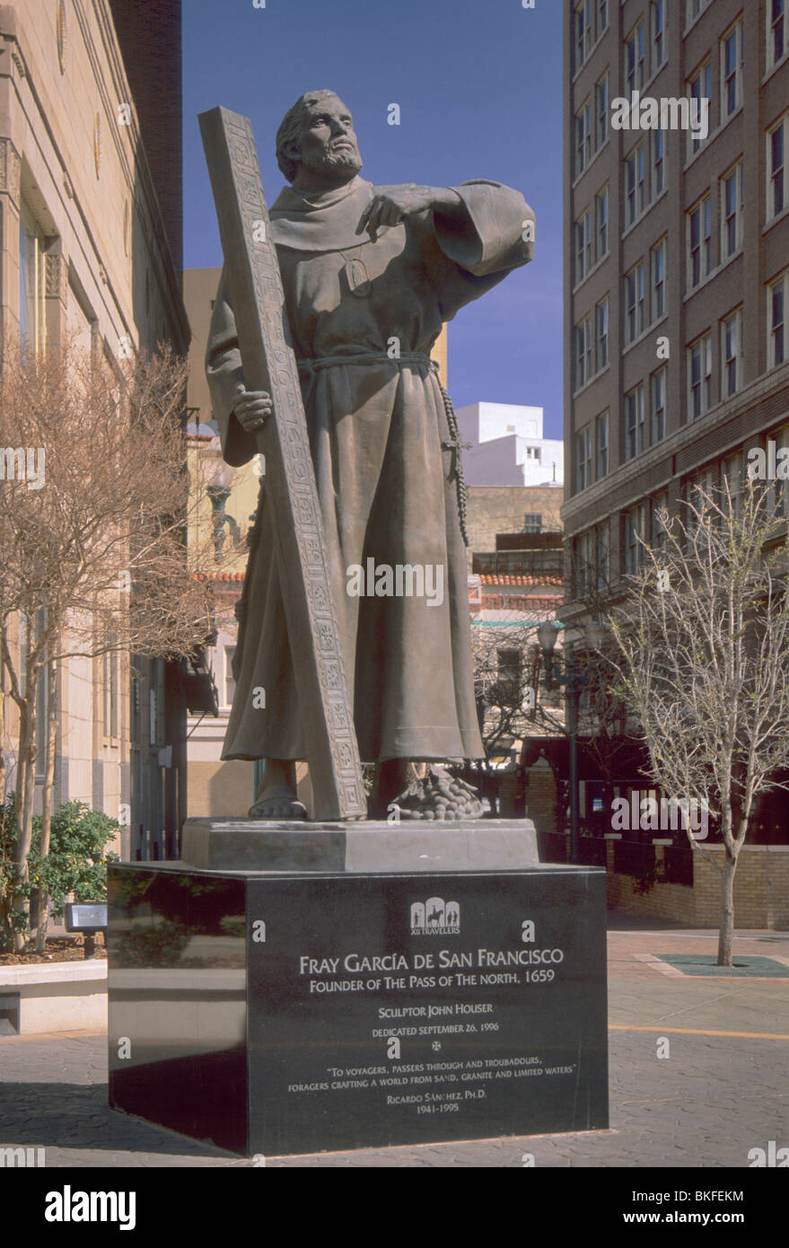 Fray Garcia de San Francisco statue, created by John Houser, at Pioneer Plaza in El Paso, Texas, USA Stock Photo