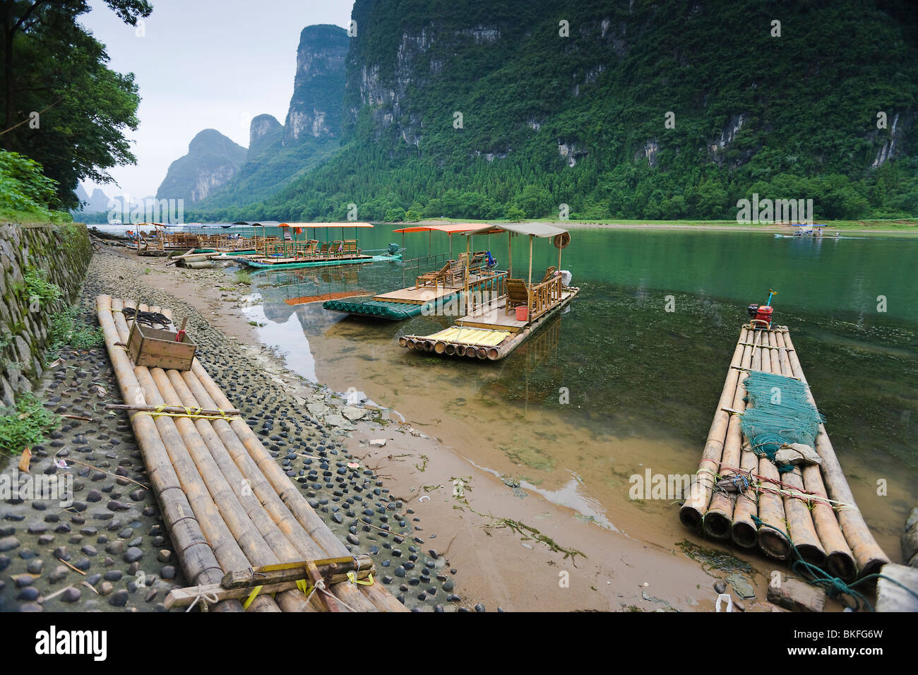 China Guilin  Li River  Xing'an Сounty   Xingan Guangxi, Bamboo Raft Stock Photo