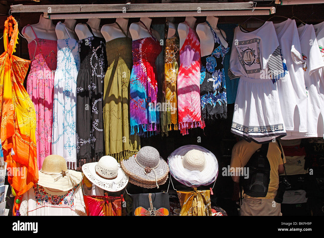 Colorful clothing and hat shops for the large tourist market of Zihuantanejo in Guerrero ,Mexico. Stock Photo