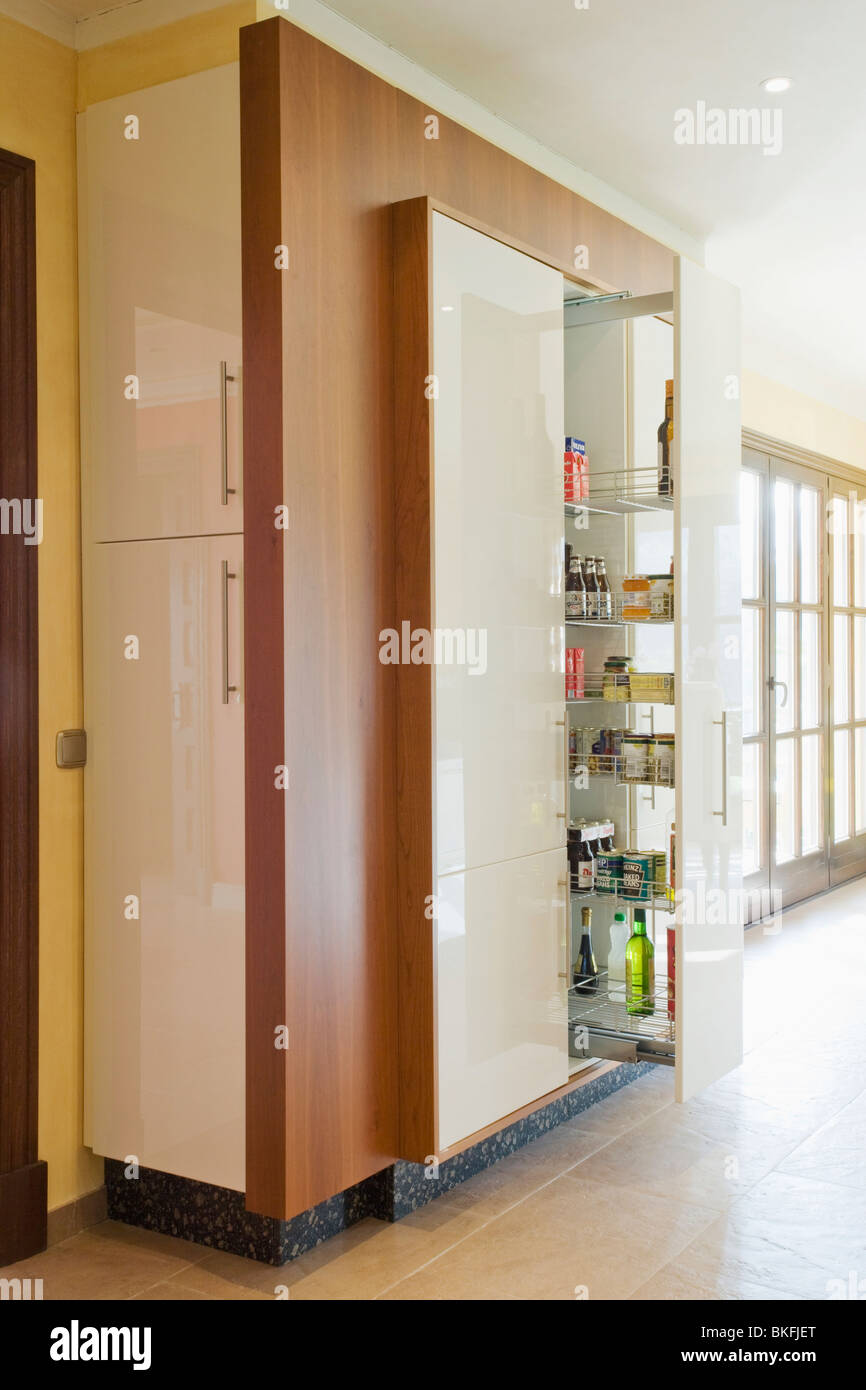 Pullout shelving in large refrigerator in fitted storage unit in