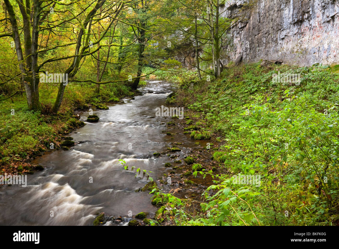 River Wye with rocks and cliff in foreground at Chee Dale near Bakewell in the Peak District National Park Derbyshire England UK Stock Photo