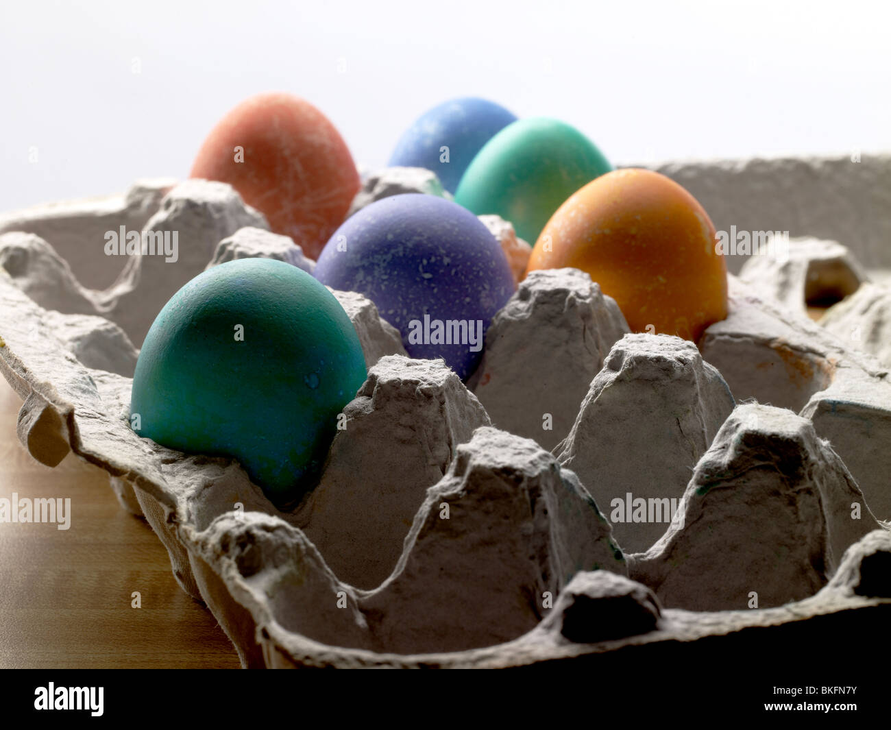 Dyed Colorful Easter Eggs In Egg Carton, USA Stock Photo