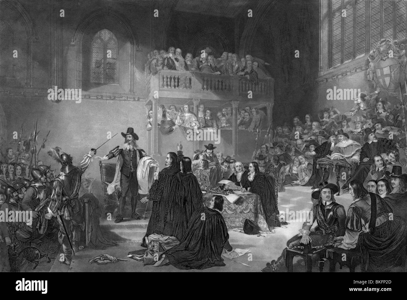 Vintage print circa 1850 depicting the trial of King Charles I of England in Westminster Hall in January 1649. Stock Photo