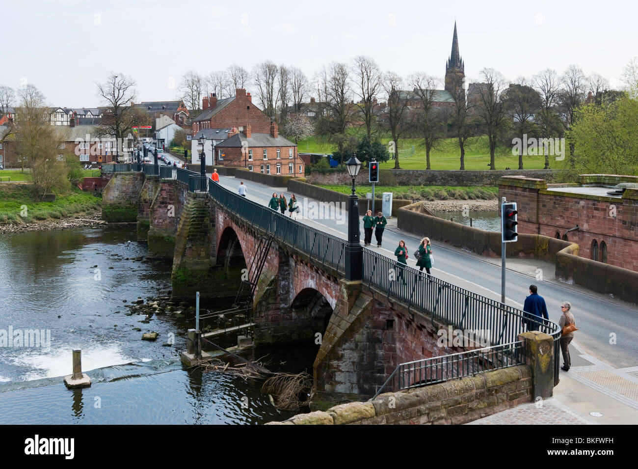 River Dee and the Old Dee Bridge near the City Walls, Chester, Cheshire, England, UK Stock Photo