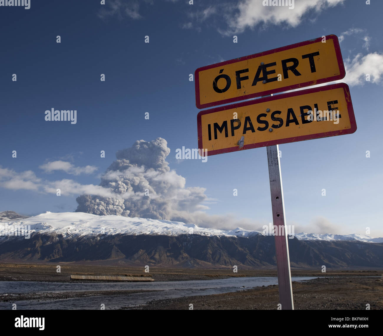 Sign reading impassable due to volcano ash cloud from Eyjafjalljokull Eruption, Iceland Stock Photo