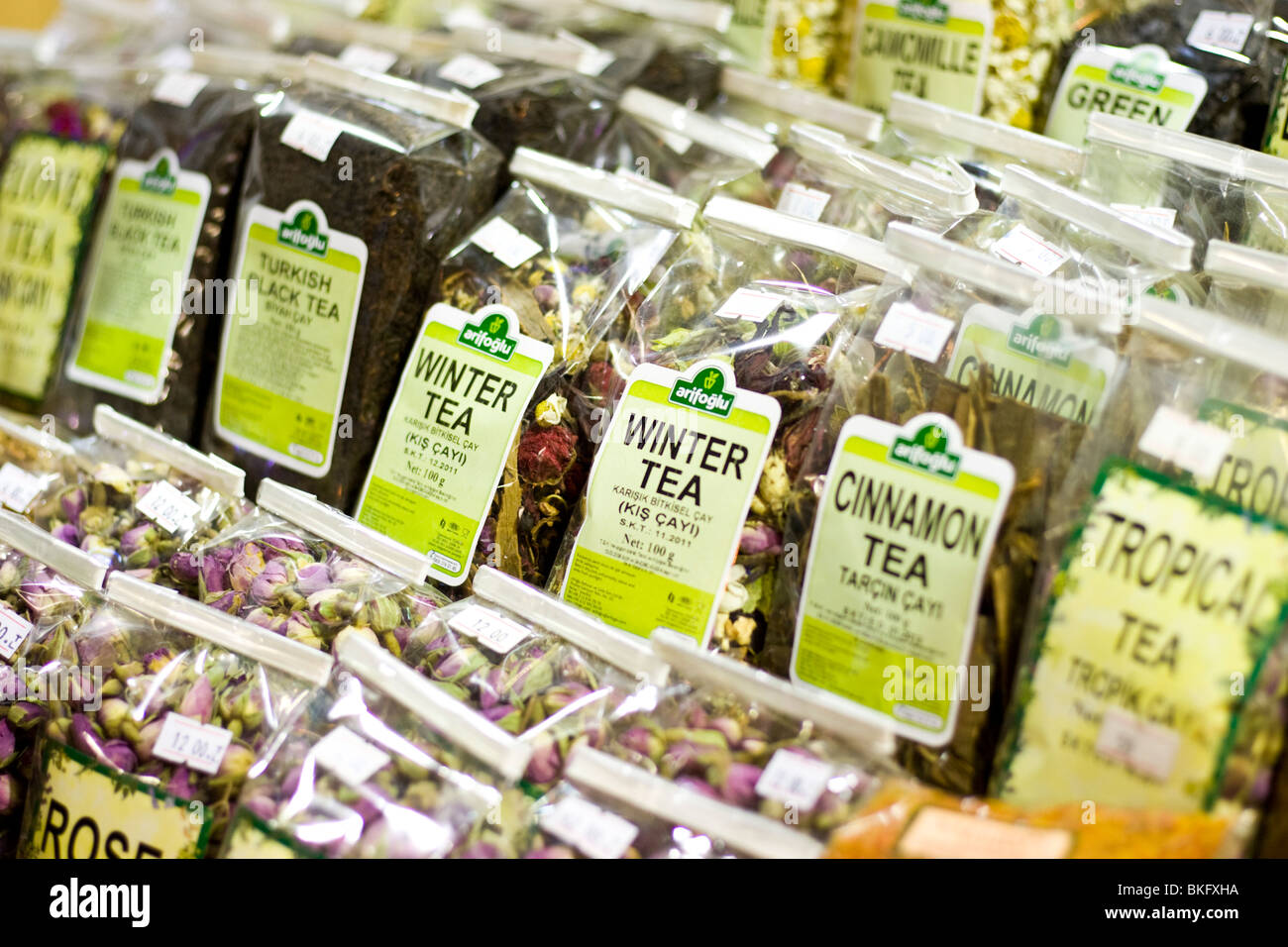 Different types of tea for sale at the Egyptian Bazaar in Istanbul, Turkey. Stock Photo