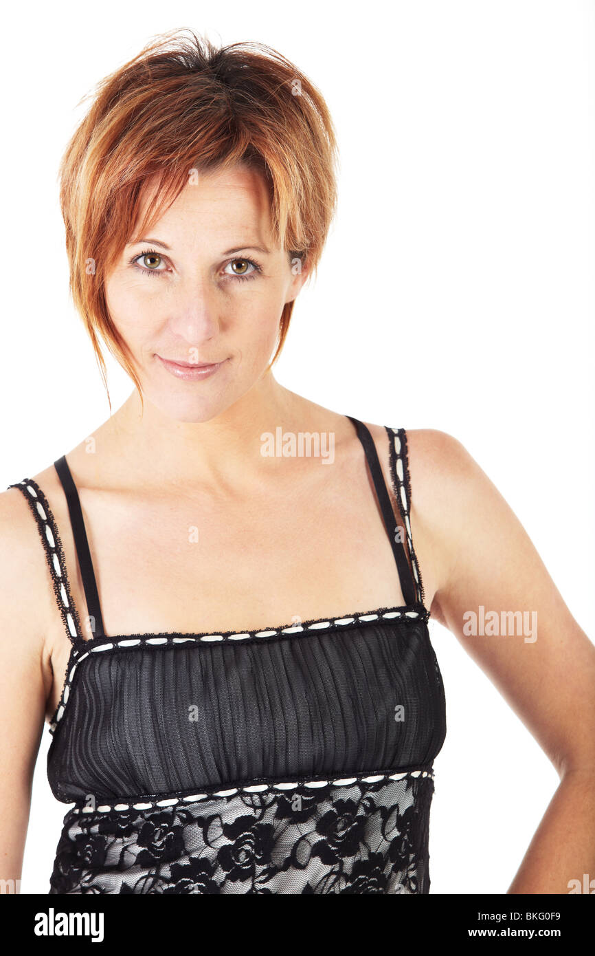 Beautiful Adult Caucasian Woman With Short Streaked Red Hair In