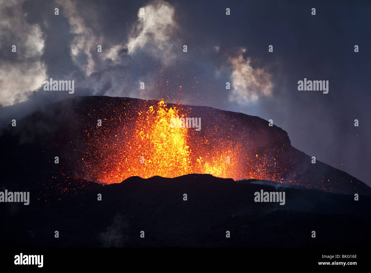 Lava fountains during volcano eruption at Fimmvorduhals, a ridge