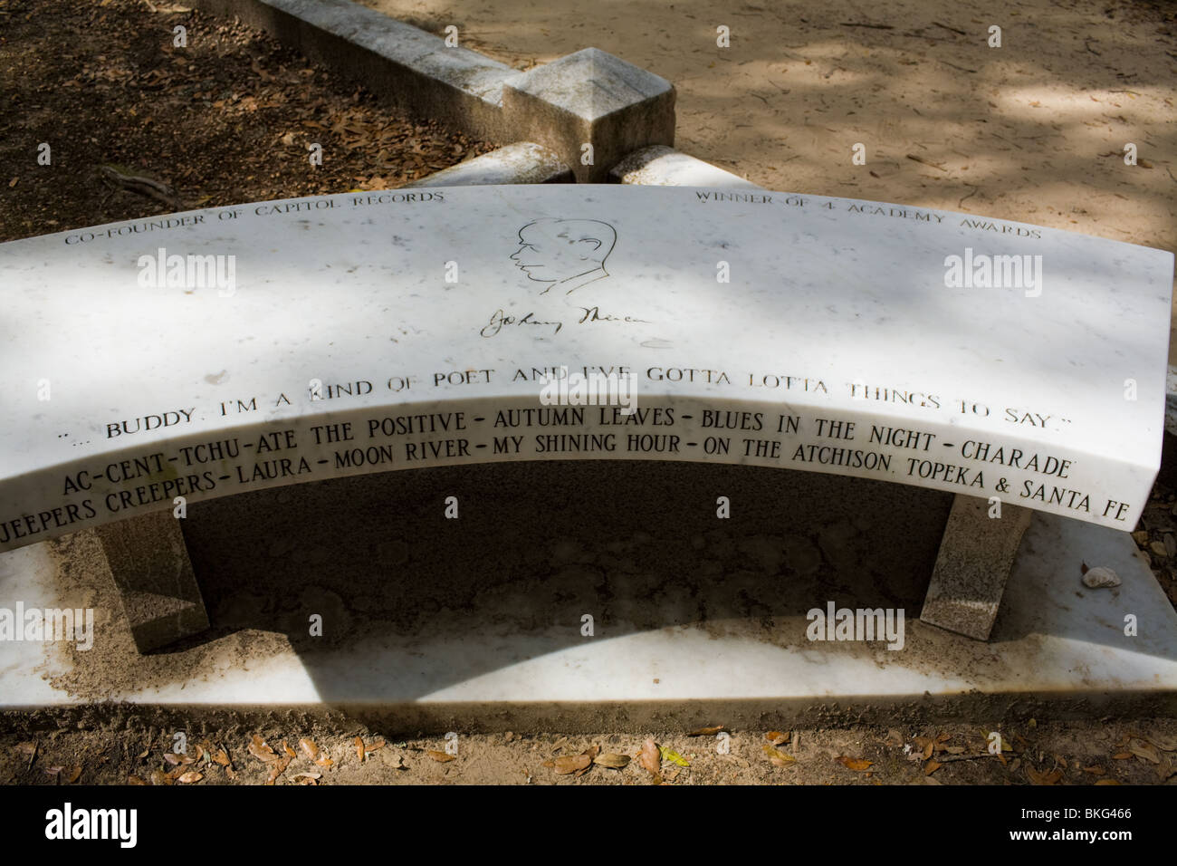 Meditation bench at grave of songwriter Johnny Mercer, historic Bonaventure Cemetery, Savannah, Georgia Stock Photo