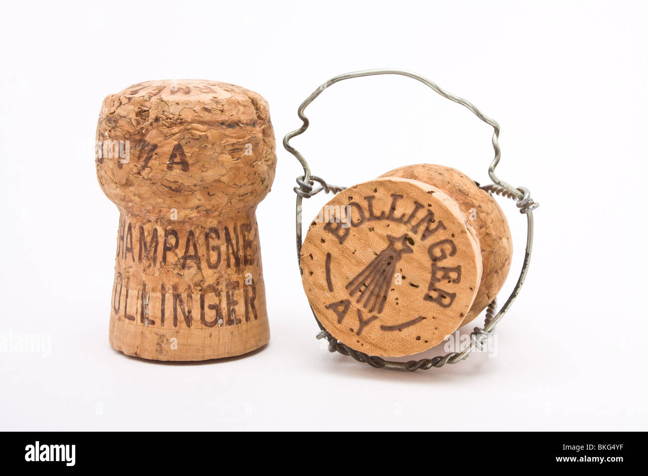 Champagne Corks from expensive bottle of vintage Bollinger French champagne isolated against white background. Stock Photo