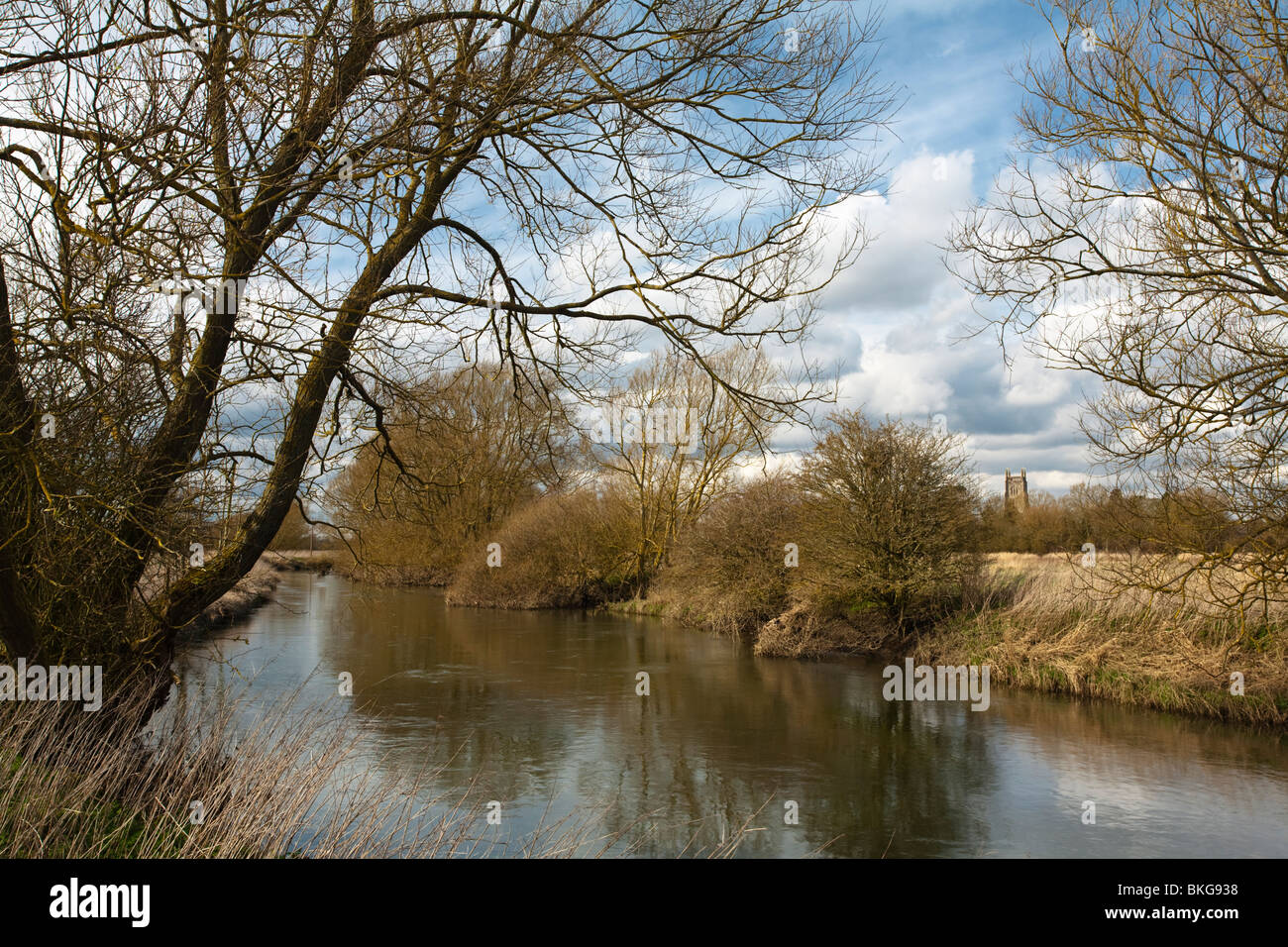 The upper reaches of the River Thames in The Cotswolds looking across to St Mary Church in Kempsford, Gloucestershire, Uk Stock Photo