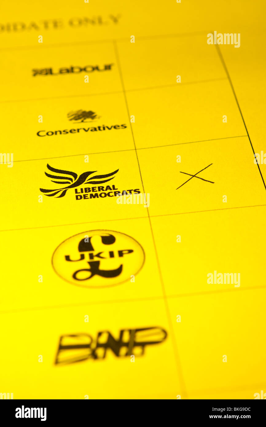 Mock up of UK General Election ballot paper showing vote for Lib Dems with yellow colour wash Stock Photo