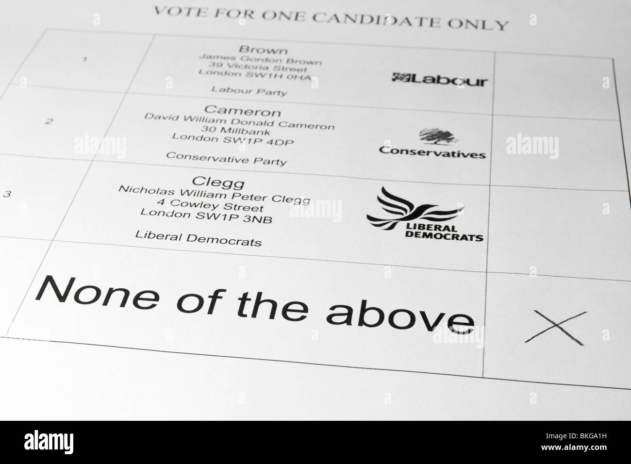 Mock up of UK General Election ballot paper showing vote for None of the Above Stock Photo