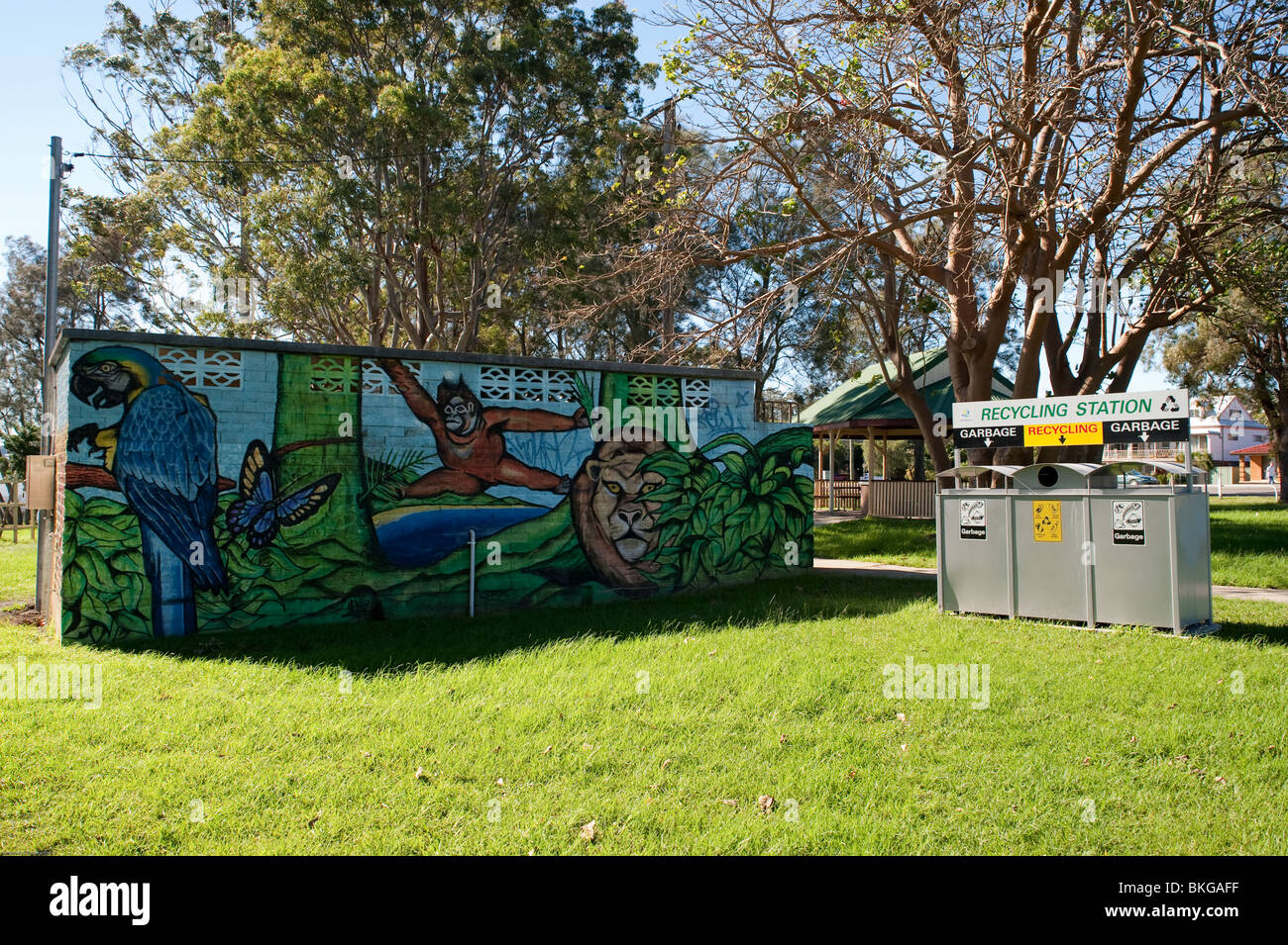 Graffiti and recycling station, Lake Macquarie, New South Wales, Australia. Stock Photo