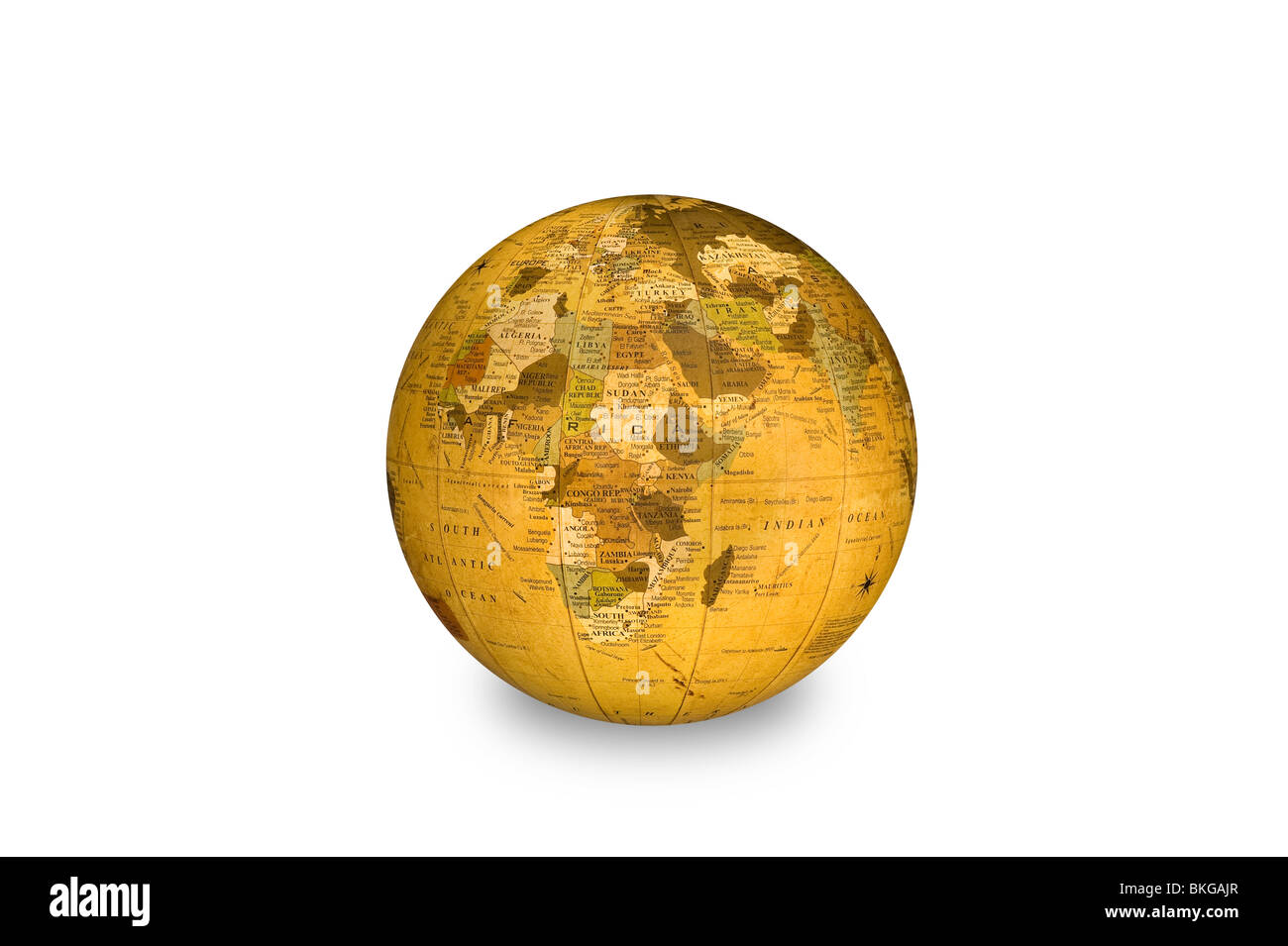 An isolated world globe shows Africa as its main focal point. Stock Photo