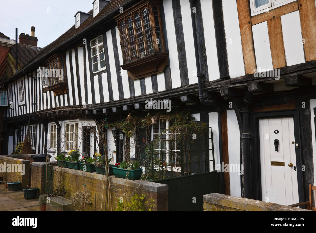 Timber framed Tudor houses in Vicar's Close, Lichfield Cathedral Close, Staffordshire. Stock Photo