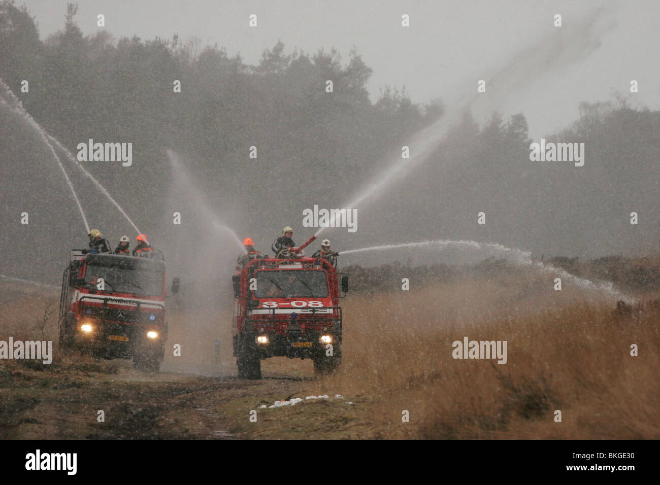 Brandweerkorps blust brand op de heide tijdens een sneeuwbui; Fire brigade extinguishing fire on a moorland Stock Photo