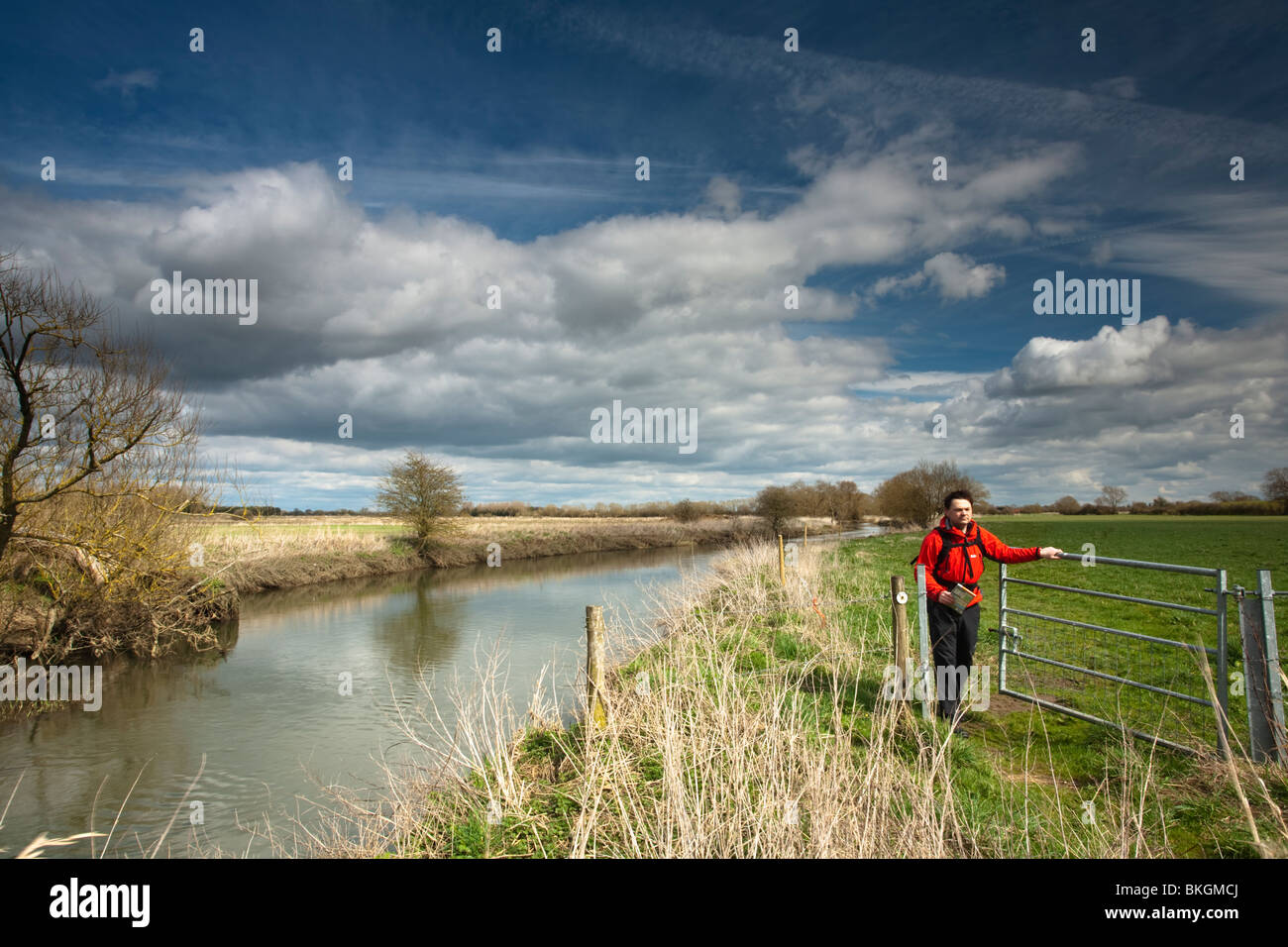 Walker on the Thames Path near the village of Castle Eaton in The Cotswolds, Wiltshire, Uk Stock Photo