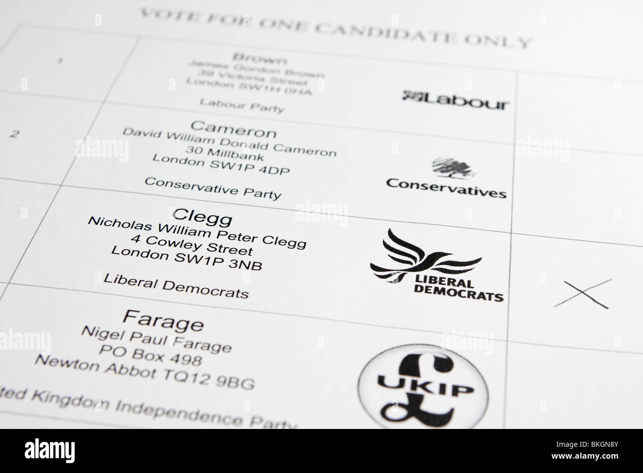 Mock up of UK General Election ballot paper showing vote for Liberal Democrat / Nick Clegg Stock Photo