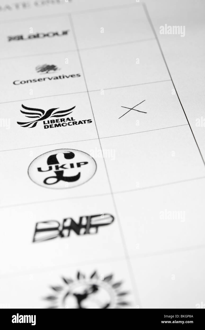 Mock up of UK General Election ballot paper showing vote for Liberal Democrat Stock Photo