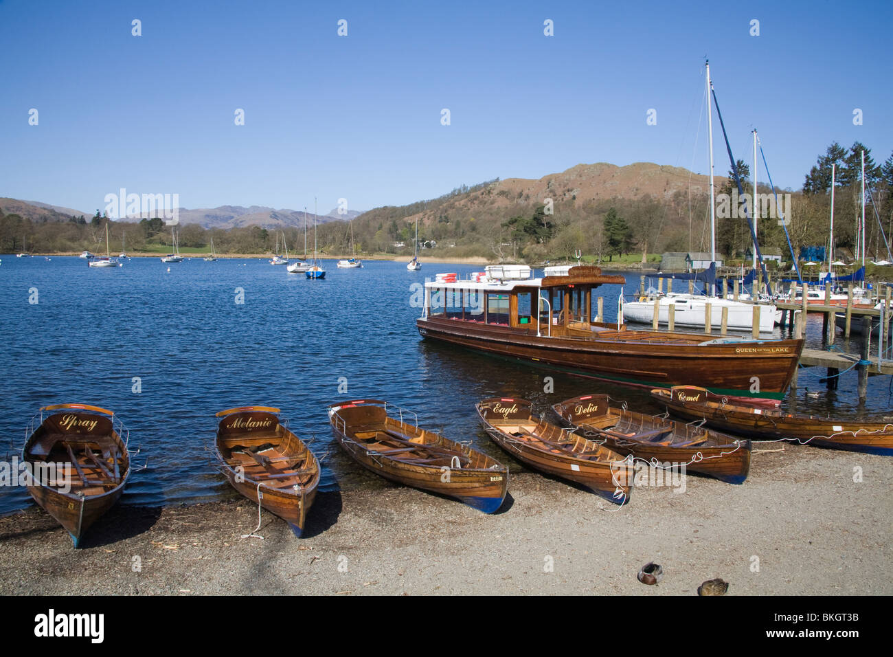 Waterhead Lake District Cumbria England UK April Wooden rowing boats for hire on Lake Windermere