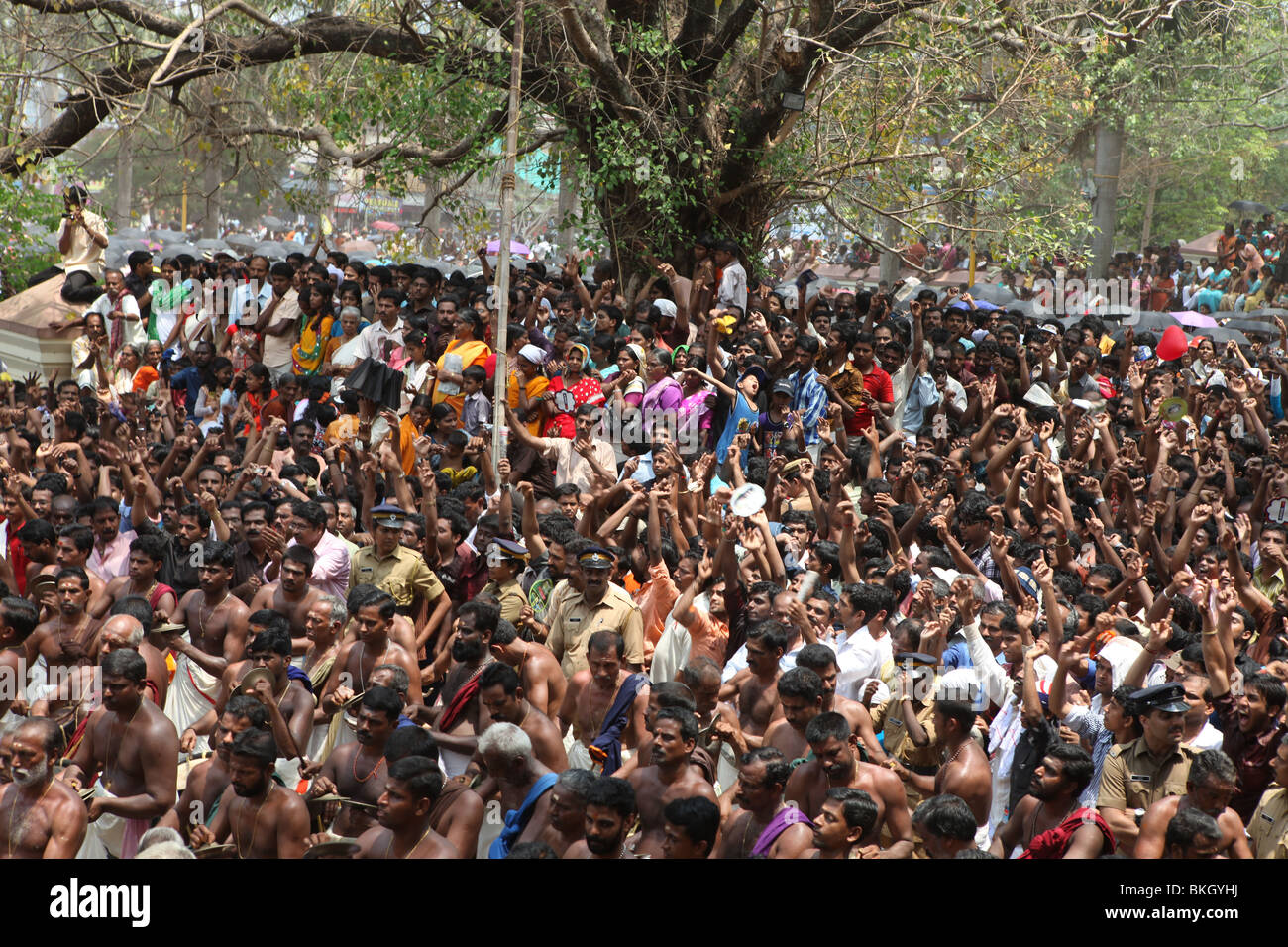 people dancing with the drum playing or chenda melam in connection with thrissur pooram festival Stock Photo