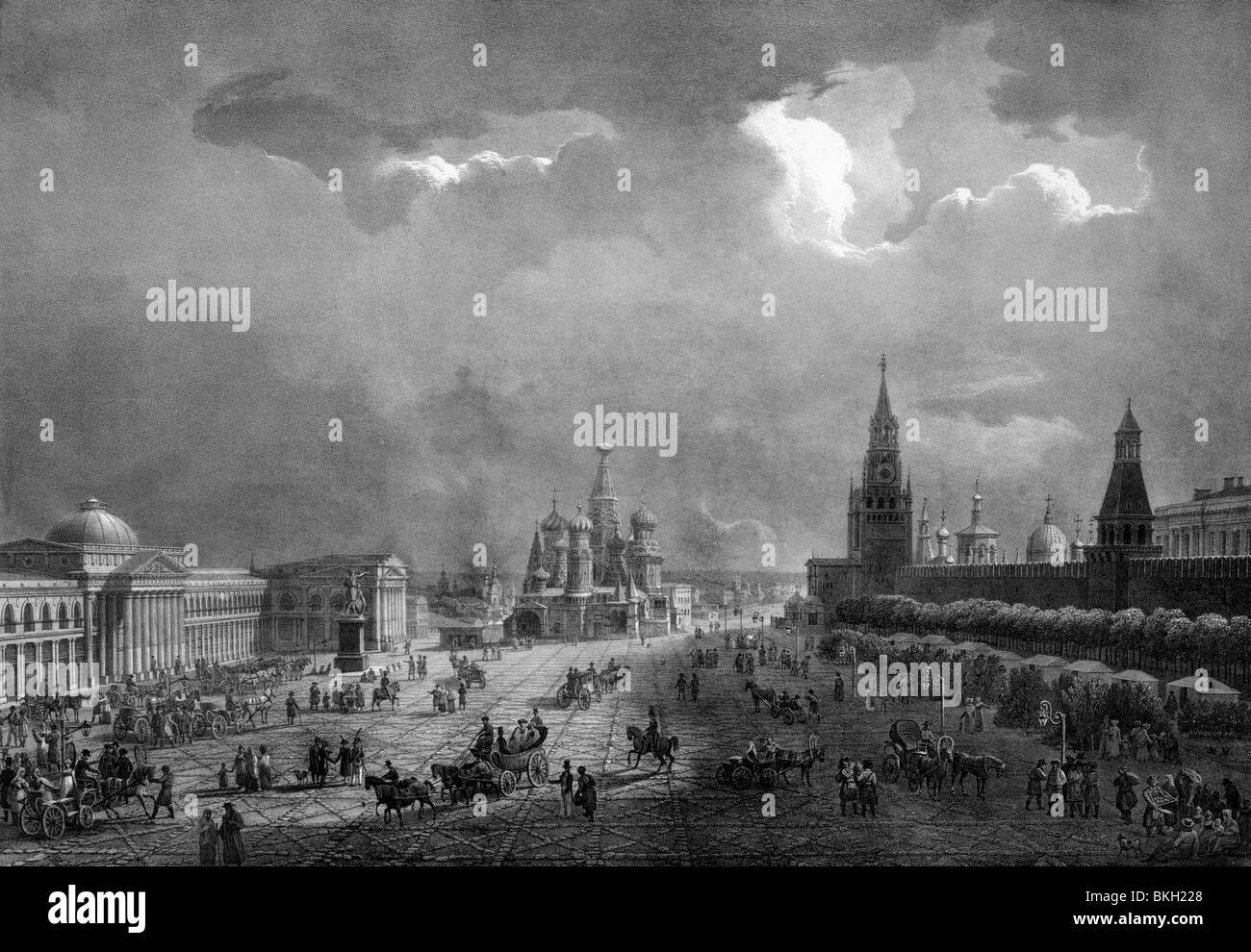 Vintage lithograph print circa 1830s depicting the view across the plaza at the Kremlin in Moscow, Russia. Stock Photo