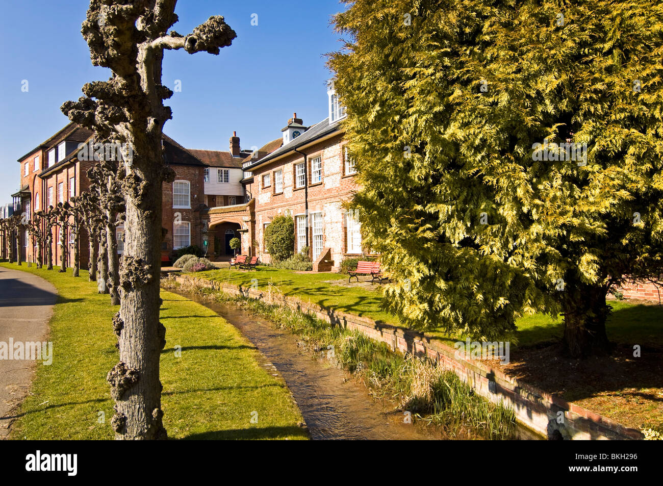 Horizontal wide angle view of the typical red brick and flint Georgian buildings of Old Amersham, Buckinghamshire on a sunny day Stock Photo