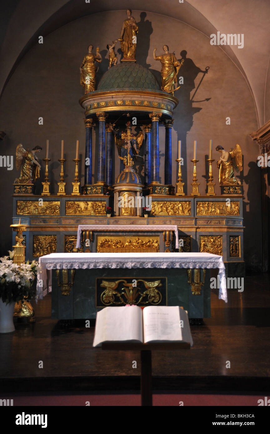 Chamonix church interior with altar, Haute Savoie, Rhone Alpes, France Stock Photo