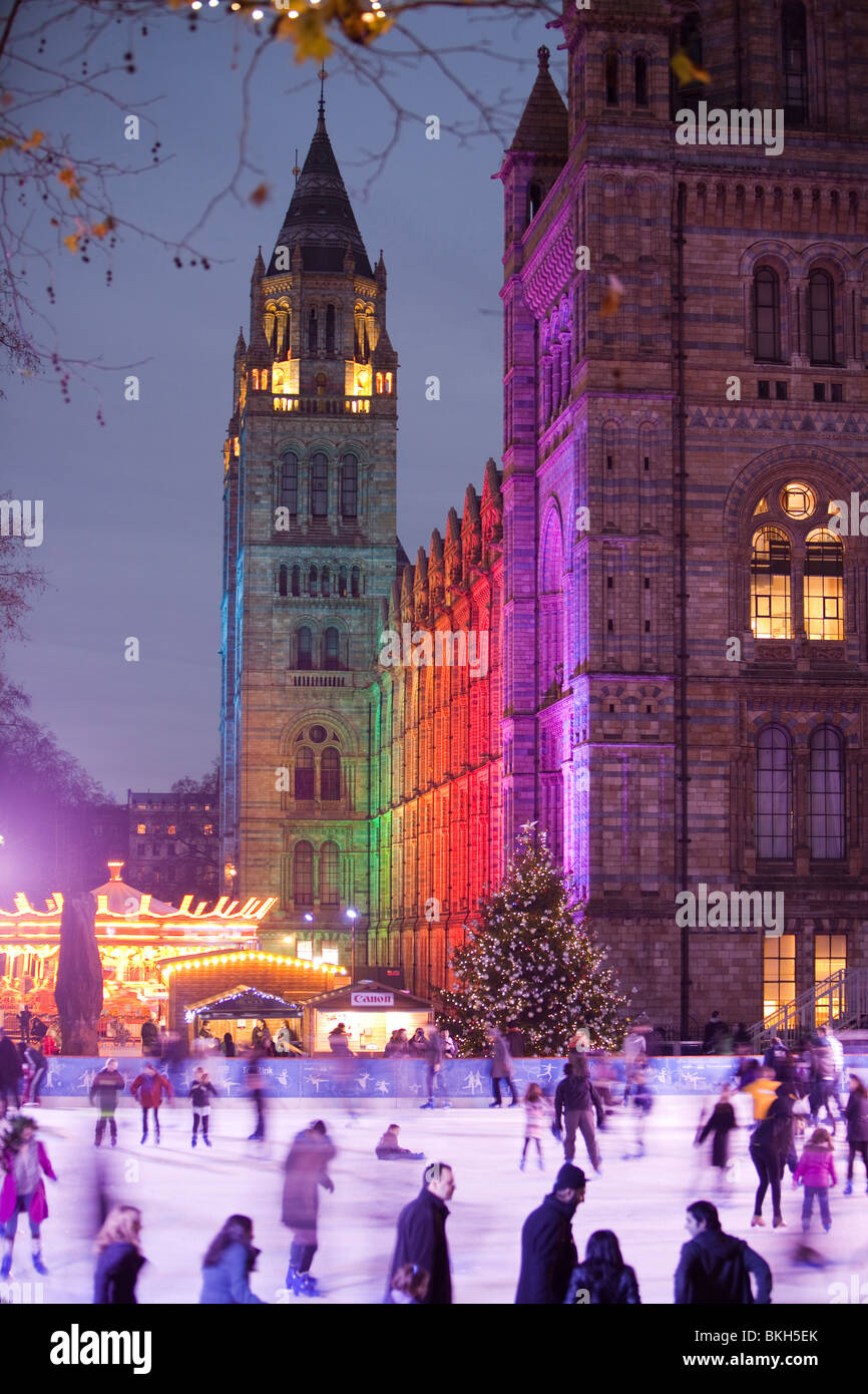 An ice skating rink outside the Natural History Museum in London, UK