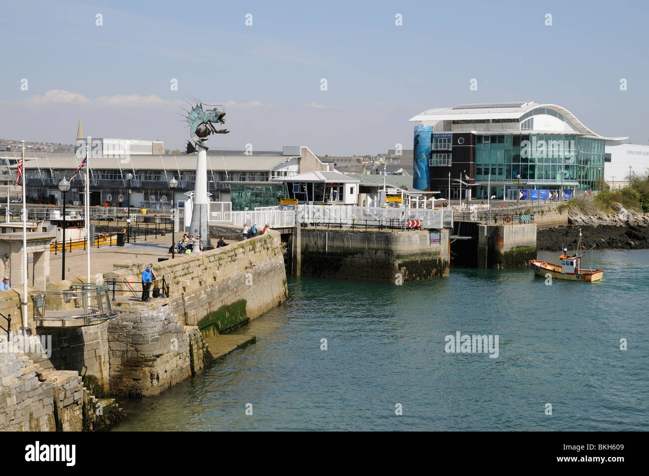 National Marine Aquarium & The Mayflower Steps in the Barbican area Plymouth south Devon England UK Stock Photo