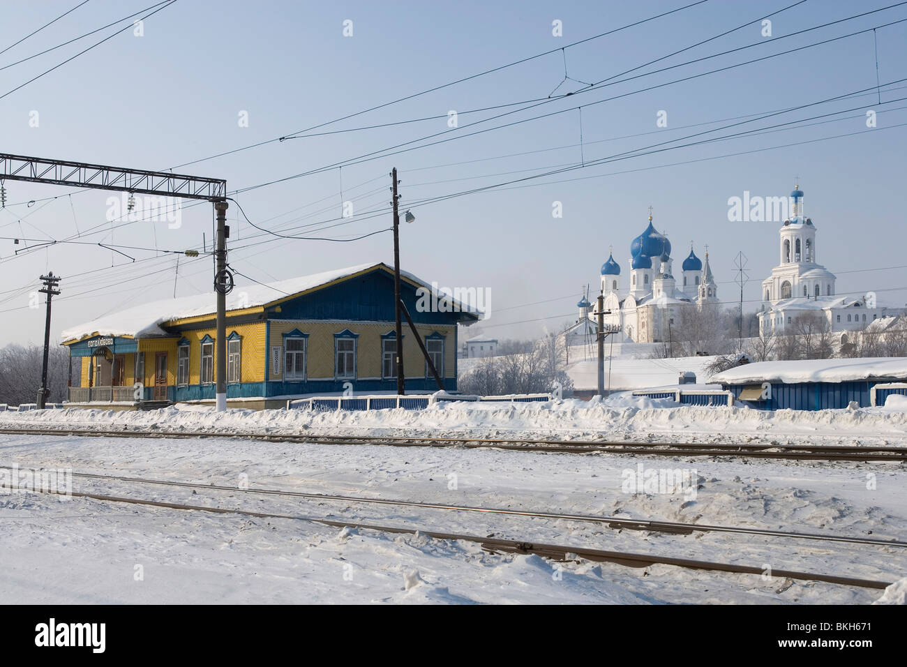 Russia,Golden Ring,Bogoliubovo,Monastery buildings,Winter,snow,railway Stock Photo