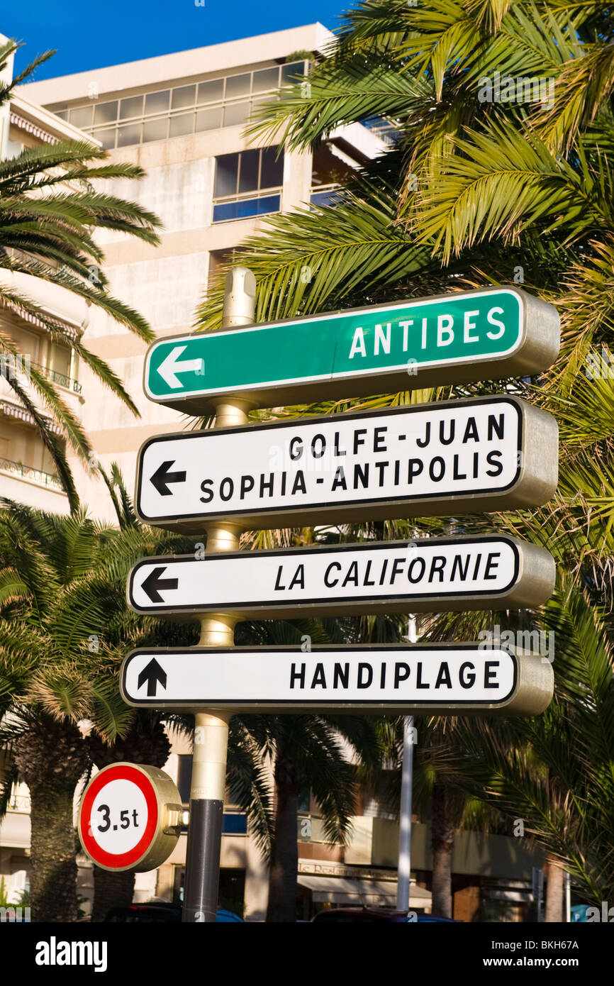 Cannes road traffic signposts on the boulevard de la Croisette showing
