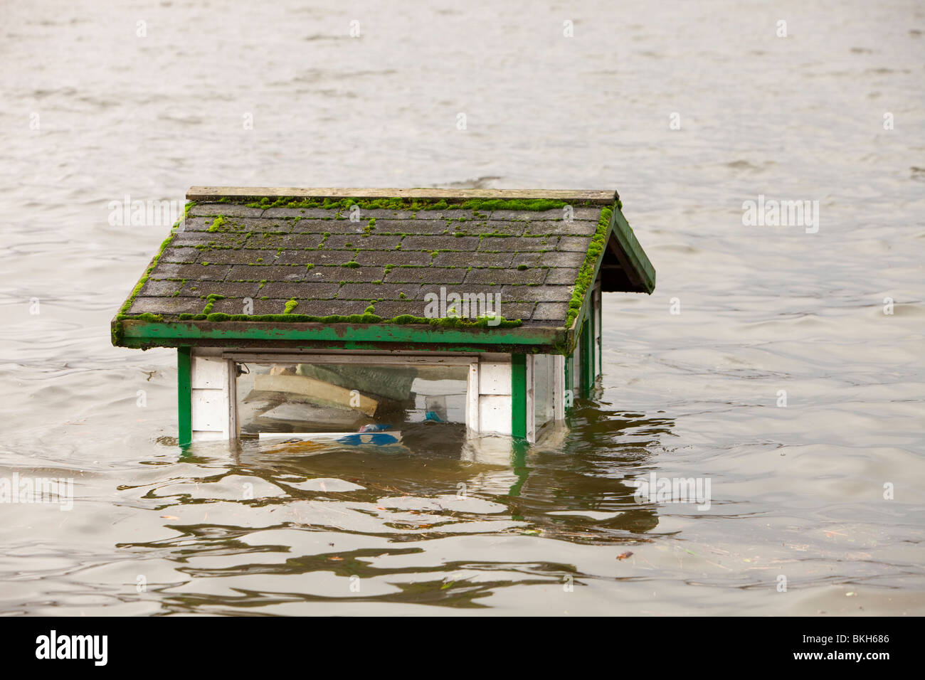 A boat hire kiosk in Ambleside during the devastating November 2009 floods Stock Photo