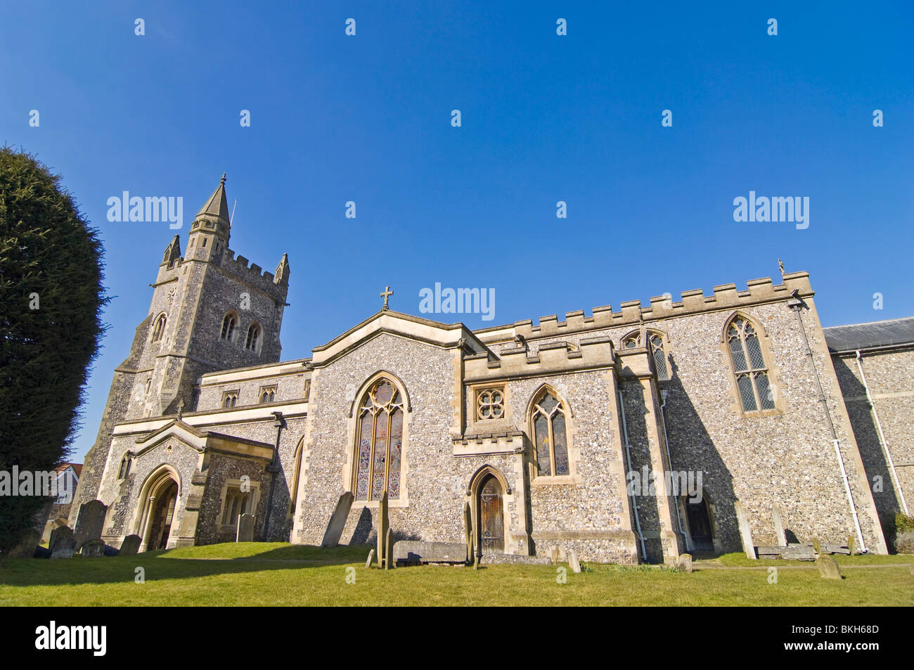 Horizontal wide angle of St Mary's Parish church in Old Amersham, Buckinghamshire on a bright sunny day. Stock Photo