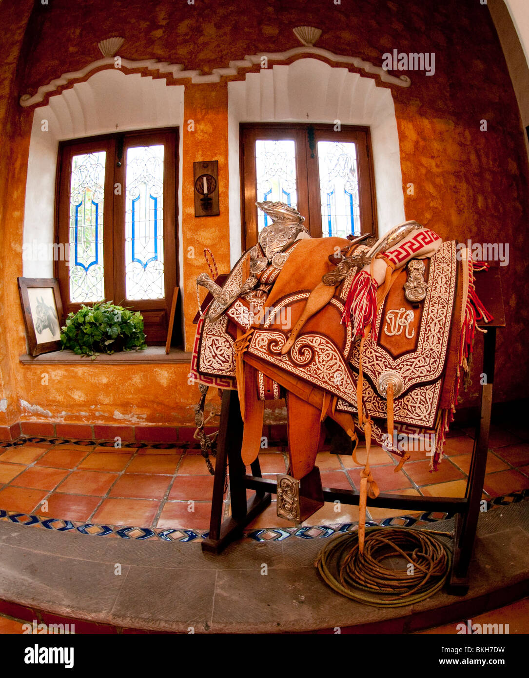 Guadalajara, Mexico, Elaborate custom made leather and silver Charro saddle  displayed at Charro Club Lienzo Home, Jalisco Stock Photo - Alamy