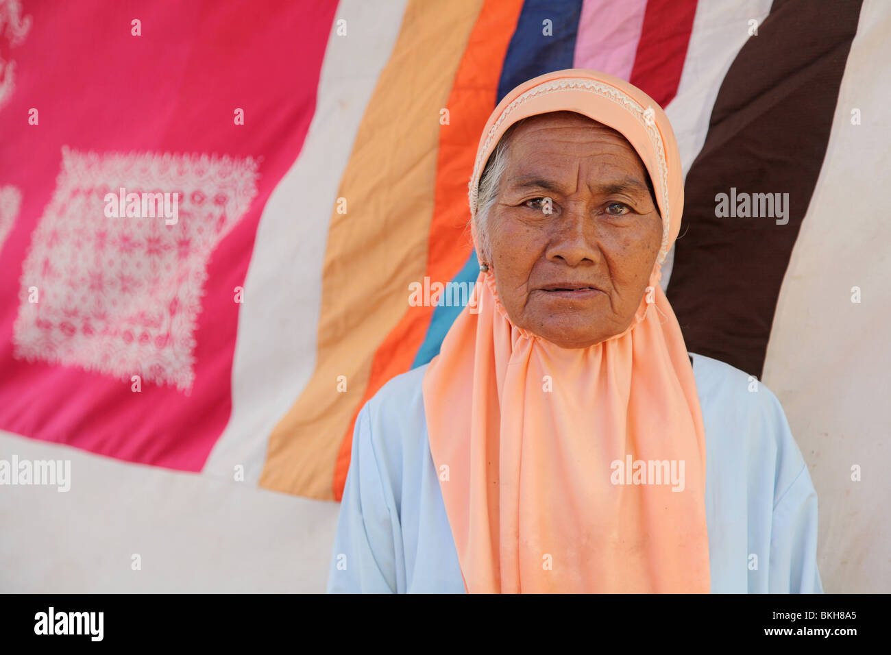 Portrait of old muslim lady, Jawi Duku, Padang, Sumatra, Indonesia Stock Photo
