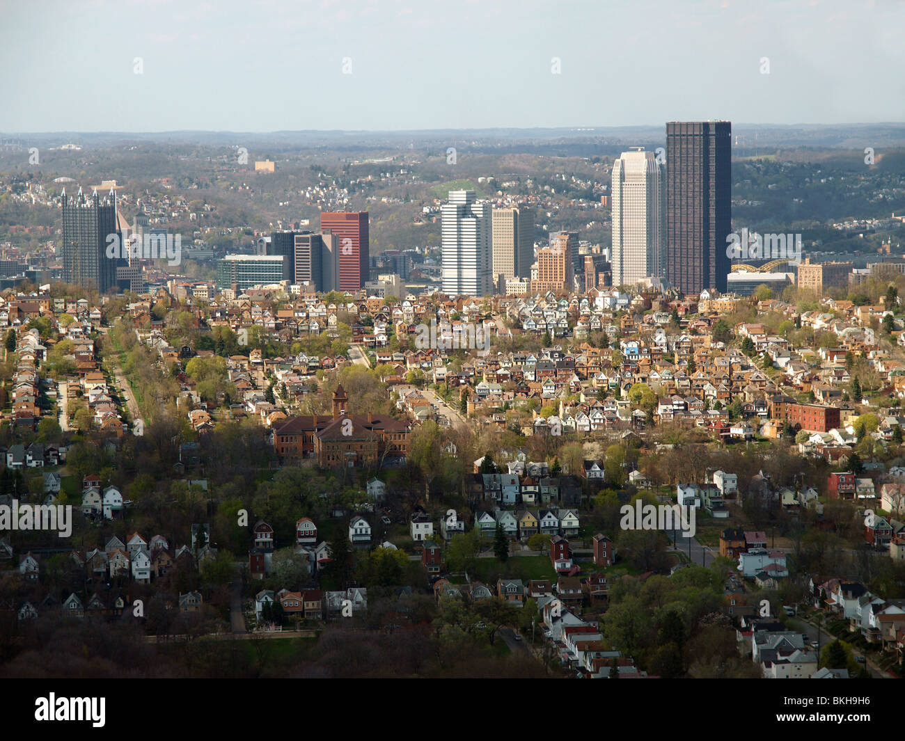 Pittsburgh Pennsylvania aerial on a partly cloudy day. Stock Photo